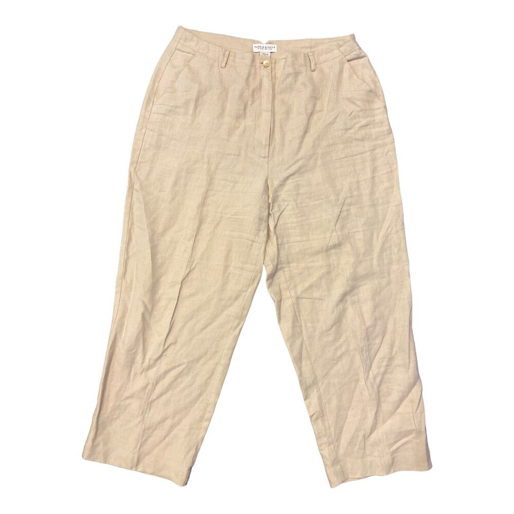 PURE‎ AND SIMPLE BEIGE 3-POCKET BASIC LINEN PANTS SIZE 14 Cropped